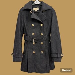 MICHAEL KORS DBL Breasted Belt Wool Blend Trench Coat Women 6 Gray Gold Buttons